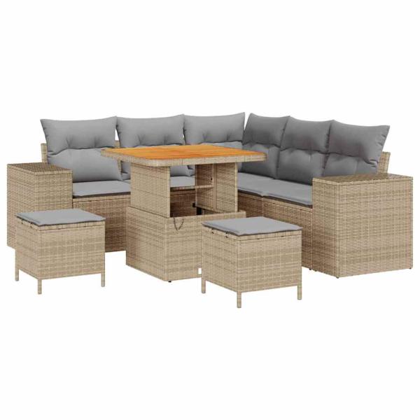 ARDEBO.de - 8-teiliges Garten Sofa Set mit Kissen Beige Poly Rattan Akazie, 3-teiliges Garten Essenset mit Kissen Beige Poly Rattan Akazie