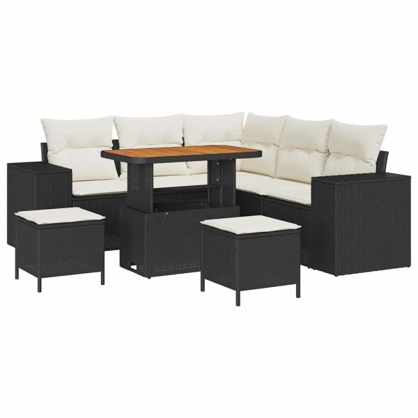 8-teiliges Garten-Sofa-Set mit Kissen Schwarz Poly Rattan Akazie, 3-teiliges Garten-Dining-Set mit Kissen Schwarz Poly Rattan Akazie