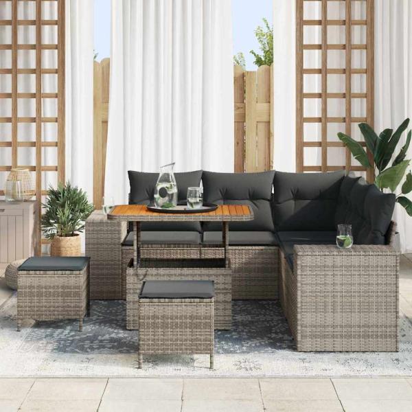 8-teiliges Garten Sofa Set mit Kissen Grau Poly Rattan Akazie, 3-teiliges Garten Essset mit Kissen Grau Poly Rattan Akazie