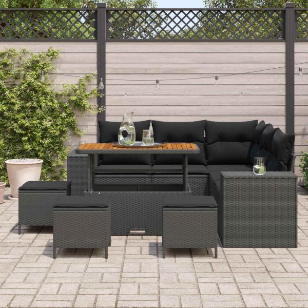 9-teiliges Garten Sofa Set mit Kissen Schwarz Poly Rattan Akazie, 4-teiliges Garten Esszimmer Set mit Kissen Schwarz Poly Rattan Akazie