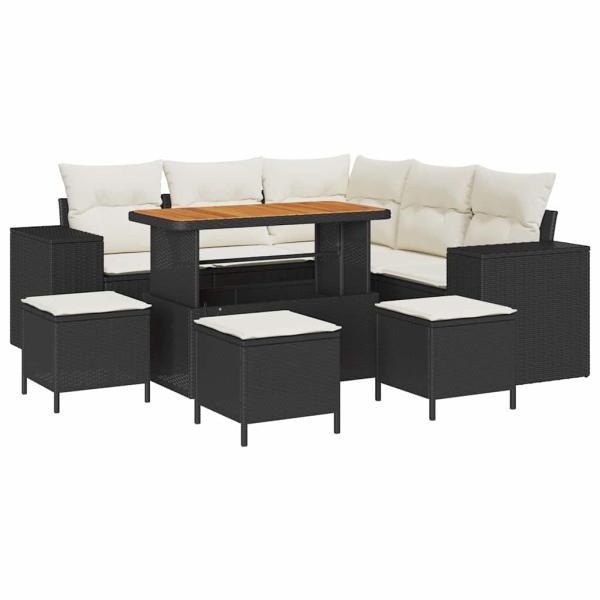 9-teiliges Garten Sofa Set mit Kissen Schwarz Poly Rattan Akazie, 4-teiliges Garten Essset mit Kissen Schwarz Poly Rattan Akazie