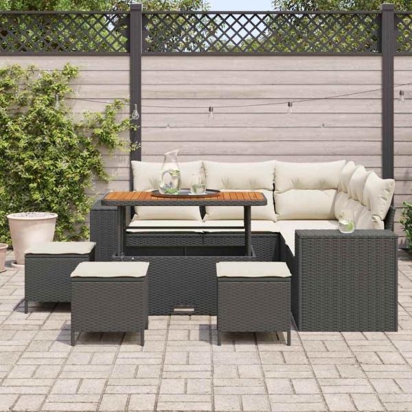 9-teiliges Garten Sofa Set mit Kissen Schwarz Poly Rattan Akazie, 4-teiliges Garten Essset mit Kissen Schwarz Poly Rattan Akazie