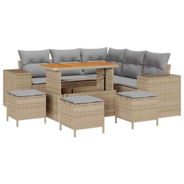 ARDEBO.de - 9-teiliges Garten-Sofaset mit Kissen Beige Poly-Rattan Akazie, 4-teiliges Garten-Essset mit Kissen Beige Poly-Rattan Akazie
