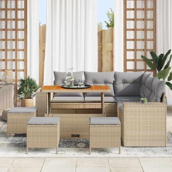 9-teiliges Garten-Sofaset mit Kissen Beige Poly-Rattan Akazie, 4-teiliges Garten-Essset mit Kissen Beige Poly-Rattan Akazie