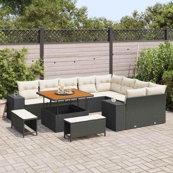12-teiliges Garten-Sofa-Set mit Kissen Schwarz Poly-Rattan Akazie, 3-teiliges Garten-Esstisch-Set mit Kissen Schwarz Poly-Rattan Akazie