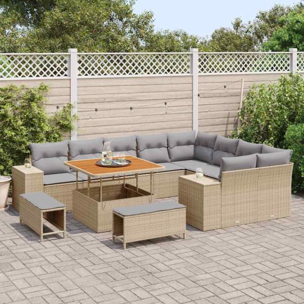 12-teiliges Garten Sofa Set mit Kissen Beige Poly Rattan Akazie, 3-teiliges Garten Essgruppe mit Kissen Beige Poly Rattan Akazie