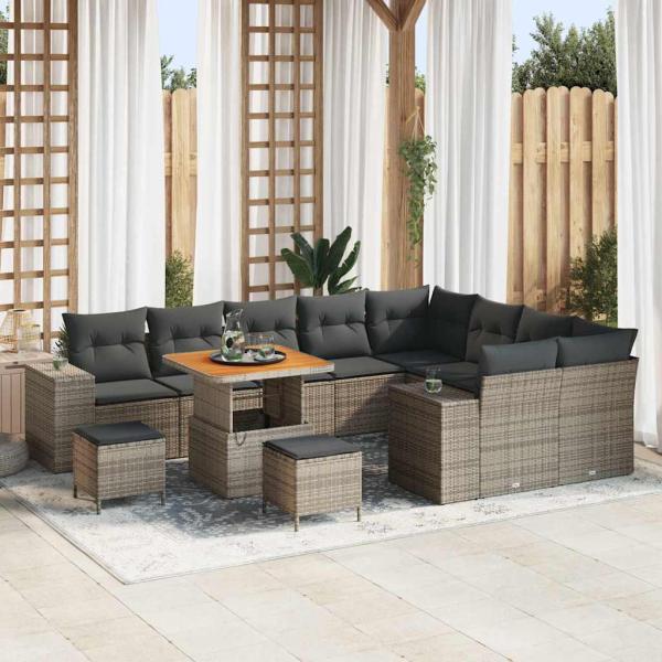 ARDEBO.de - 12-teiliges Garten-Sofa-Set mit Kissen Grau Poly Rattan Akazie, 3-teiliges Garten-Ess-Set mit Kissen Grau Poly Rattan Akazie