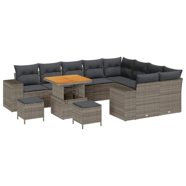 12-teiliges Garten-Sofa-Set mit Kissen Grau Poly Rattan Akazie, 3-teiliges Garten-Ess-Set mit Kissen Grau Poly Rattan Akazie