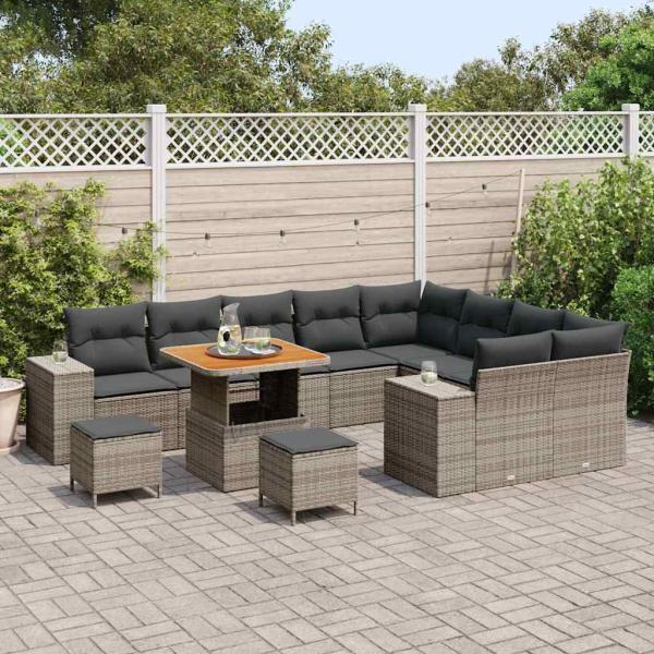 12-teiliges Garten-Sofa-Set mit Kissen Grau Poly Rattan Akazie, 3-teiliges Garten-Ess-Set mit Kissen Grau Poly Rattan Akazie