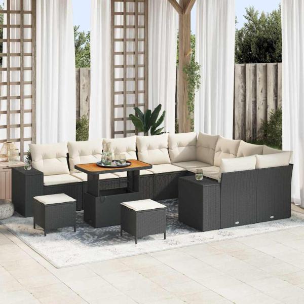 ARDEBO.de - 12-teiliges Garten Sofa Set mit Kissen Schwarz Poly Rattan Akazie, 3-tlg. Garten Essset mit Kissen Schwarz Poly Rattan Akazie