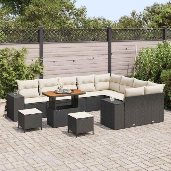 12-teiliges Garten Sofa Set mit Kissen Schwarz Poly Rattan Akazie, 3-tlg. Garten Essset mit Kissen Schwarz Poly Rattan Akazie
