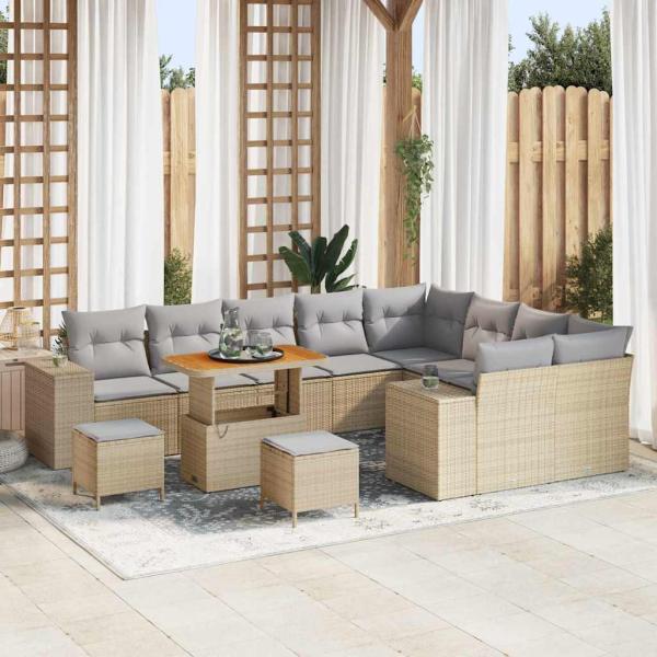 ARDEBO.de - 12-teiliges Garten Sofaset mit Kissen Beige Poly Rattan Akazie, 3-teiliges Garten Essset mit Kissen Beige Poly Rattan Akazie