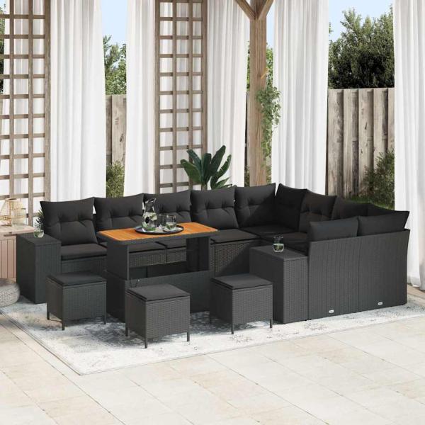 ARDEBO.de - 13-teiliges Garten Sofa Set mit Kissen Schwarz Poly Rattan Akazie, 4-teiliges Garten Ess-Set mit Kissen Schwarz Poly Rattan Akazie