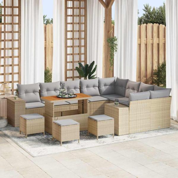 ARDEBO.de - 13-teiliges Garten-Sofa-Set mit Kissen Beige Poly Rattan Akazie, 4-teiliges Garten-Dining-Set mit Kissen Beige Poly Rattan Akazie
