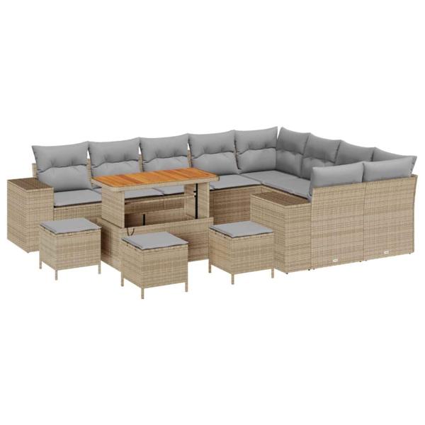 13-teiliges Garten-Sofa-Set mit Kissen Beige Poly Rattan Akazie, 4-teiliges Garten-Dining-Set mit Kissen Beige Poly Rattan Akazie