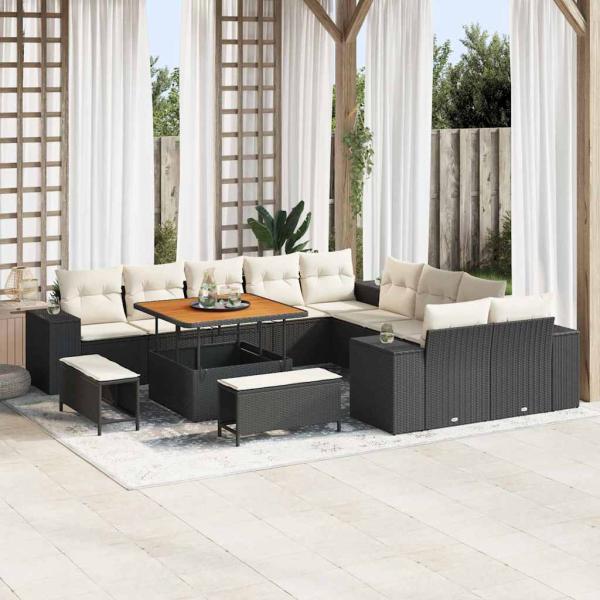 ARDEBO.de - 13-teiliges Garten-Sofa-Set mit Kissen Schwarz Poly Rattan Akazie, 3-teiliges Garten-Ess-Set mit Kissen Schwarz Poly Rattan Akazie