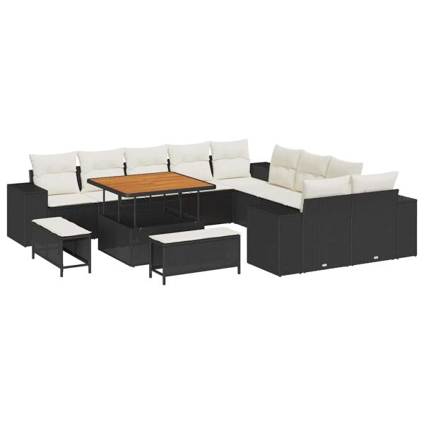 13-teiliges Garten-Sofa-Set mit Kissen Schwarz Poly Rattan Akazie, 3-teiliges Garten-Ess-Set mit Kissen Schwarz Poly Rattan Akazie