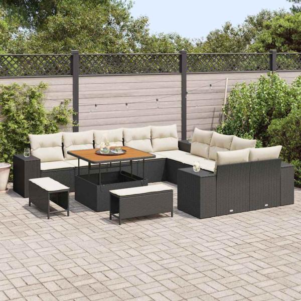13-teiliges Garten-Sofa-Set mit Kissen Schwarz Poly Rattan Akazie, 3-teiliges Garten-Ess-Set mit Kissen Schwarz Poly Rattan Akazie