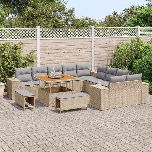 13-teiliges Garten-Sofa-Set mit Kissen Beige Poly Rattan Akazie, 3-teiliges Garten-Ess-Set mit Kissen Beige Poly Rattan Akazie