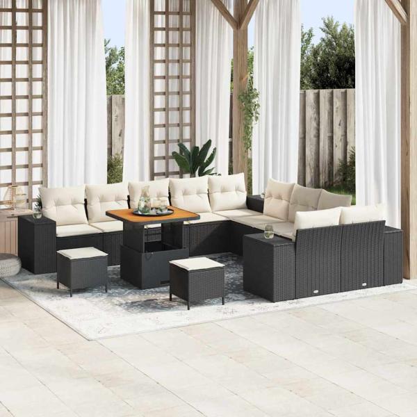 ARDEBO.de - 13-teiliges Garten Sofa Set mit Kissen Schwarz Poly Rattan Akazie, 3-teiliges Garten Essset mit Kissen Schwarz Poly Rattan Akazie