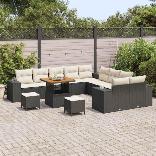 13-teiliges Garten Sofa Set mit Kissen Schwarz Poly Rattan Akazie, 3-teiliges Garten Essset mit Kissen Schwarz Poly Rattan Akazie