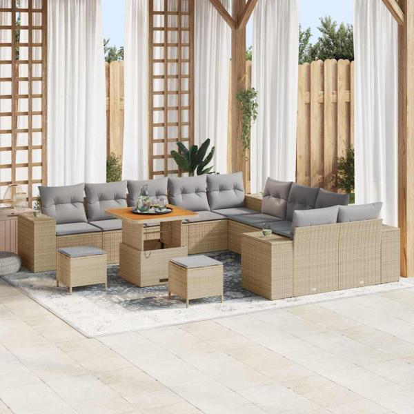 ARDEBO.de - 13-tlg. Garten-Sofa-Set mit Kissen Beige Poly Rattan Akazie, 3-tlg. Garten-Essgruppe mit Kissen Beige Poly Rattan Akazie