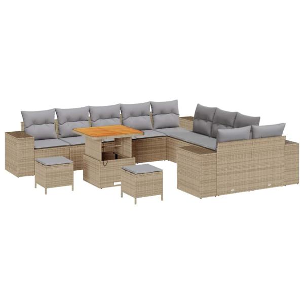 13-tlg. Garten-Sofa-Set mit Kissen Beige Poly Rattan Akazie, 3-tlg. Garten-Essgruppe mit Kissen Beige Poly Rattan Akazie