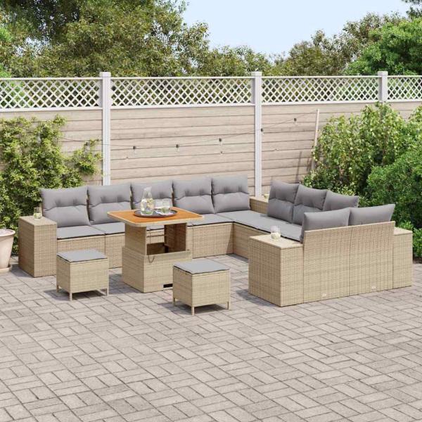 13-tlg. Garten-Sofa-Set mit Kissen Beige Poly Rattan Akazie, 3-tlg. Garten-Essgruppe mit Kissen Beige Poly Rattan Akazie