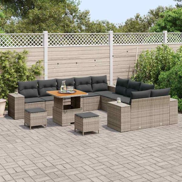 ARDEBO.de - 13-teiliges Garten Sofaset mit Kissen Grau Poly Rattan Akazie, 3-teiliges Garten Esstisch Set mit Kissen Grau Poly Rattan Akazie