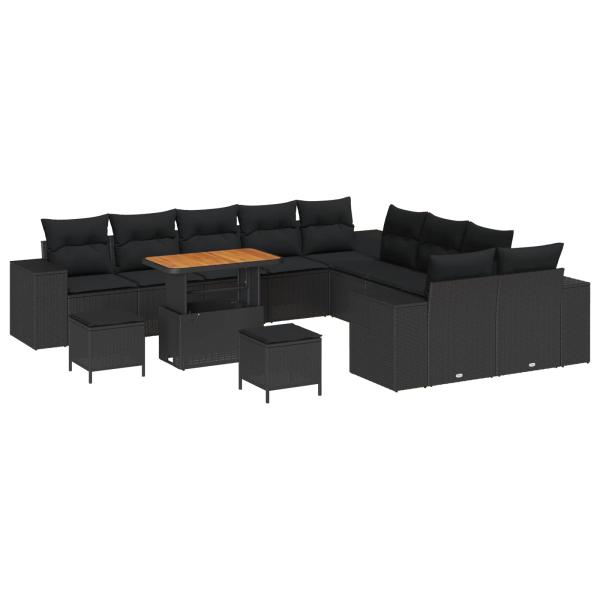 ARDEBO.de - 13-teiliges Garten-Sofa-Set mit Kissen Schwarz Poly-Rattan Akazie, 3-teiliges Garten-Ess-Set mit Kissen Schwarz Poly-Rattan Akazie