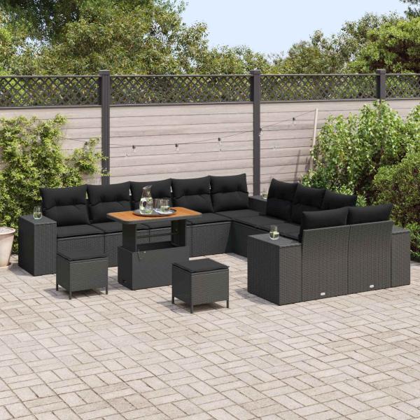 13-teiliges Garten-Sofa-Set mit Kissen Schwarz Poly-Rattan Akazie, 3-teiliges Garten-Ess-Set mit Kissen Schwarz Poly-Rattan Akazie