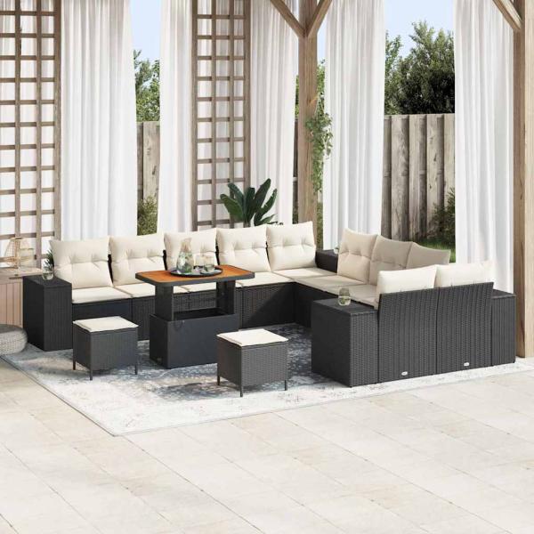 ARDEBO.de - 13-teiliges Garten Sofa Set mit Kissen Schwarz Poly Rattan Akazie, 3-teiliges Garten Esszimmer Set mit Kissen Schwarz Poly Rattan Akazie