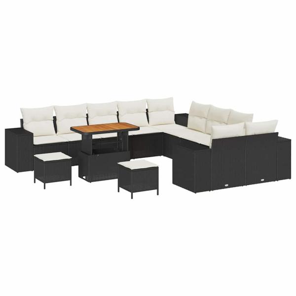 13-teiliges Garten Sofa Set mit Kissen Schwarz Poly Rattan Akazie, 3-teiliges Garten Esszimmer Set mit Kissen Schwarz Poly Rattan Akazie