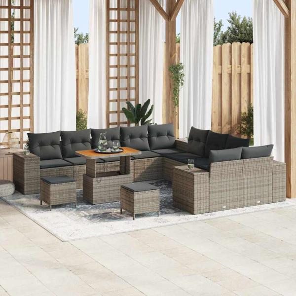 ARDEBO.de - 13-teiliges Garten Sofa Set mit Kissen Grau Poly Rattan Akazie, 3-teiliges Garten Esstisch Set mit Kissen Grau Poly Rattan Akazie