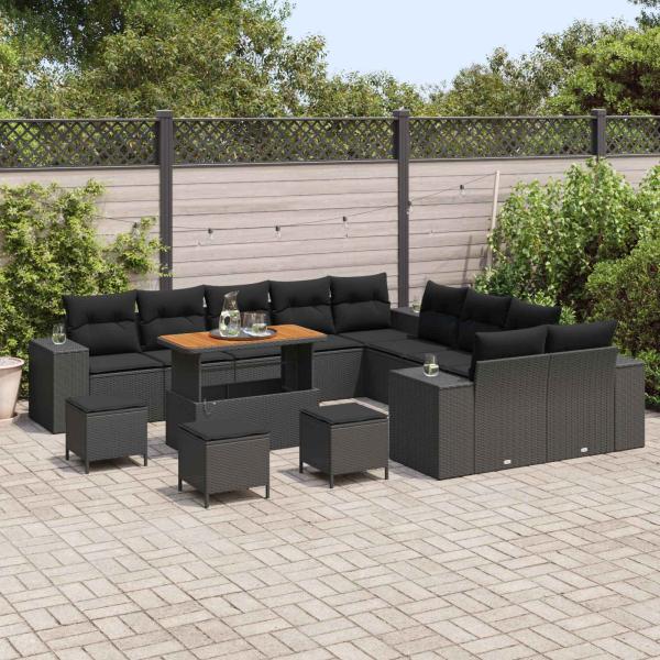 14-teiliges Garten-Sofa-Set mit Kissen Schwarz Poly-Rattan Akazie, 4-teiliges Garten-Dining-Set mit Kissen Schwarz Poly-Rattan Akazie