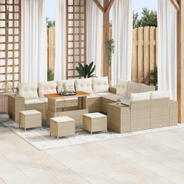 ARDEBO.de - 14-teiliges Garten-Sofa-Set mit Kissen in Beige aus Poly-Rattan und Akazie, 4-teiliges Garten-Essenset mit Kissen in Beige aus Poly-Rattan und Akazie