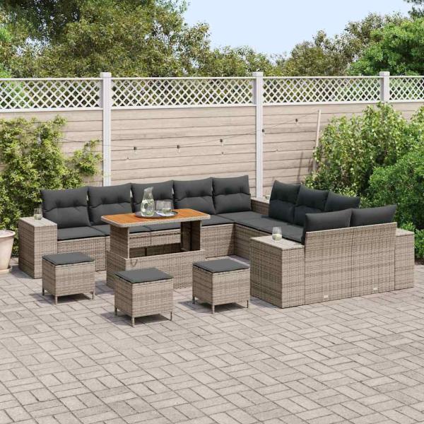 14-teiliges Garten Sofa Set mit Kissen Grau Poly Rattan Akazie, 4-teiliges Garten Essbereich Set mit Kissen Grau Poly Rattan Akazie
