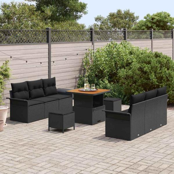 9-teilige Garten Sofa Set mit Kissen Schwarz Poly Rattan Akazie, 2-Sitzer Garten Sofa mit Stauraum & Kissen Schwarz Poly Rattan, 3-teilige Garten Essgruppe mit Kissen Schwarz Poly Rattan Akazie