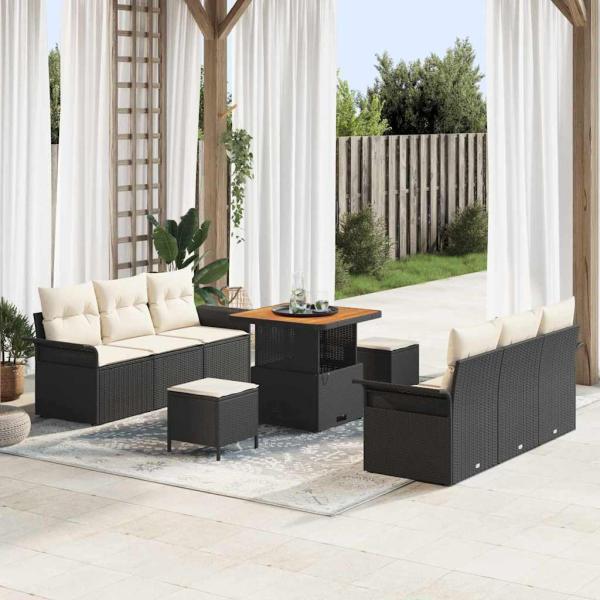 ARDEBO.de - 9-teiliges Garten-Sofa-Set mit Kissen aus schwarzem Poly-Rattan, 2-Sitzer Garten-Sofa mit Stauraum & Kissen aus schwarzem Poly-Rattan, 3-tlg. Garten-Diningset mit Kissen aus schwarzem Poly-Rattan
