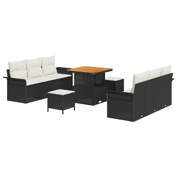 9-teiliges Garten-Sofa-Set mit Kissen aus schwarzem Poly-Rattan, 2-Sitzer Garten-Sofa mit Stauraum & Kissen aus schwarzem Poly-Rattan, 3-tlg. Garten-Diningset mit Kissen aus schwarzem Poly-Rattan