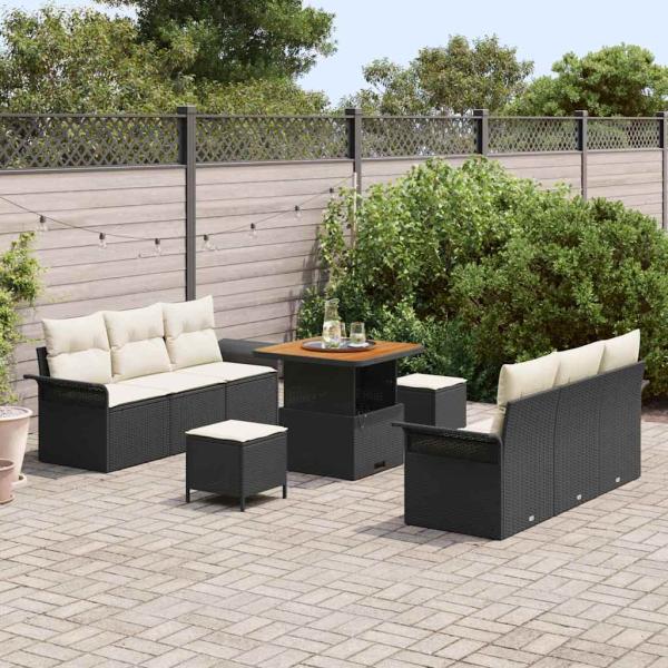 9-teiliges Garten-Sofa-Set mit Kissen aus schwarzem Poly-Rattan, 2-Sitzer Garten-Sofa mit Stauraum & Kissen aus schwarzem Poly-Rattan, 3-tlg. Garten-Diningset mit Kissen aus schwarzem Poly-Rattan