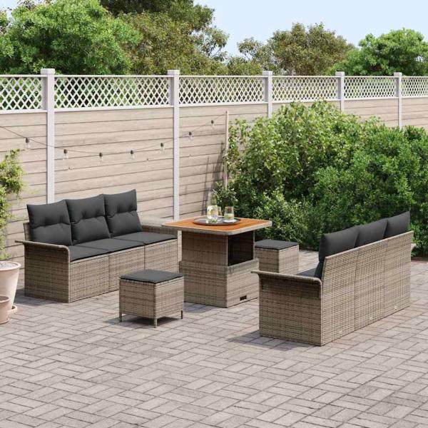 9-teiliges Garten-Sofa-Set mit Kissen Grau Poly-Rattan Akazie, 2-Sitzer Garten-Sofa mit Stauraum & Kissen Grau Poly-Rattan, 3-teiliges Garten-Ess-Set mit Kissen Grau Poly-Rattan Akazie