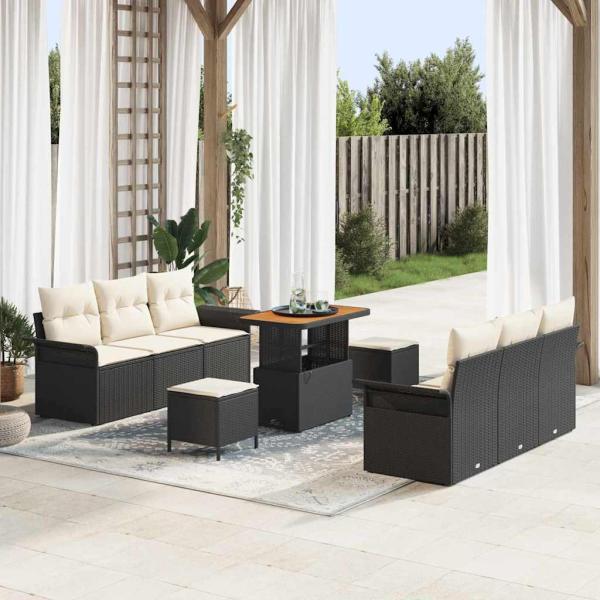 ARDEBO.de - 9-teiliges Garten-Sofa-Set mit Kissen Schwarz Poly Rattan Akazie, 2-Sitzer Garten-Sofa mit Stauraum & Kissen Schwarz Poly Rattan, 3-teiliges Garten-Essbereich-Set mit Kissen Schwarz Poly Rattan Akazie