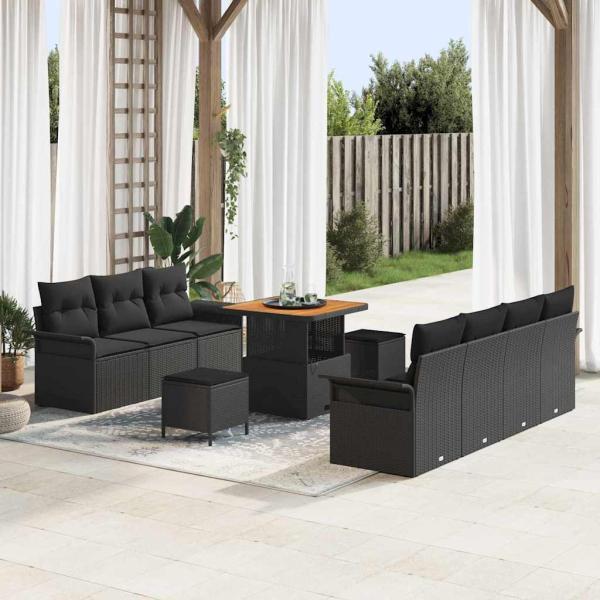 ARDEBO.de - 10-teiliges Garten-Sofa-Set mit Kissen Schwarz Poly-Rattan Akazie, 2-Sitzer Garten-Sofa mit Stauraum & Kissen Schwarz Poly-Rattan, 3-teiliges Garten-Esszimmer-Set mit Kissen Schwarz Poly-Rattan Akazie