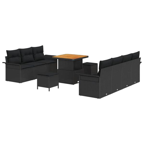 10-teiliges Garten-Sofa-Set mit Kissen Schwarz Poly-Rattan Akazie, 2-Sitzer Garten-Sofa mit Stauraum & Kissen Schwarz Poly-Rattan, 3-teiliges Garten-Esszimmer-Set mit Kissen Schwarz Poly-Rattan Akazie
