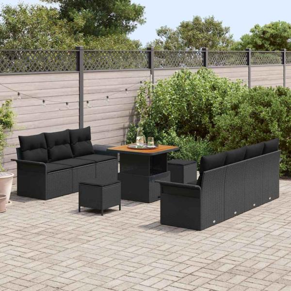 10-teiliges Garten-Sofa-Set mit Kissen Schwarz Poly-Rattan Akazie, 2-Sitzer Garten-Sofa mit Stauraum & Kissen Schwarz Poly-Rattan, 3-teiliges Garten-Esszimmer-Set mit Kissen Schwarz Poly-Rattan Akazie