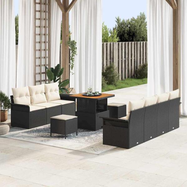 ARDEBO.de - 10-teiliges Garten-Sofa-Set mit Kissen Schwarz Poly Rattan Akazie, 2-Sitzer Garten-Sofa mit Stauraum & Kissen Schwarz Poly Rattan, 3-teiliges Garten-Essset mit Kissen Schwarz Poly Rattan Akazie