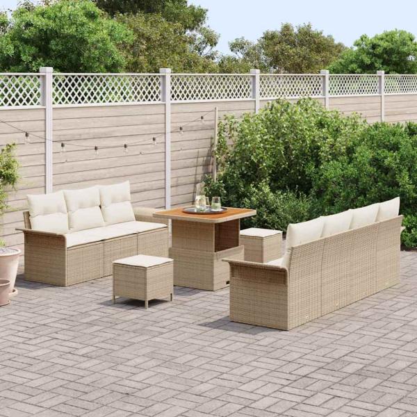 10-teiliges Garten Sofa Set mit Kissen Beige Poly Rattan Akazie, 2-Sitzer Garten Sofa mit Stauraum & Kissen Beige Poly Rattan, 3-teiliges Garten Esszimmer Set mit Kissen Beige Poly Rattan Akazie