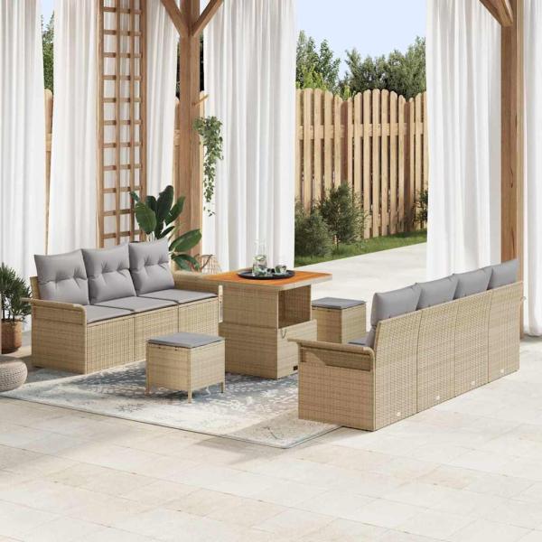 ARDEBO.de - 10-teiliges Gartensofa Set mit Kissen Beige Poly Rattan Akazie, 2-Sitzer Gartensofa mit Stauraum & Kissen Beige Poly Rattan, 3-teiliges Gartendining Set mit Kissen Beige Poly Rattan Akazie