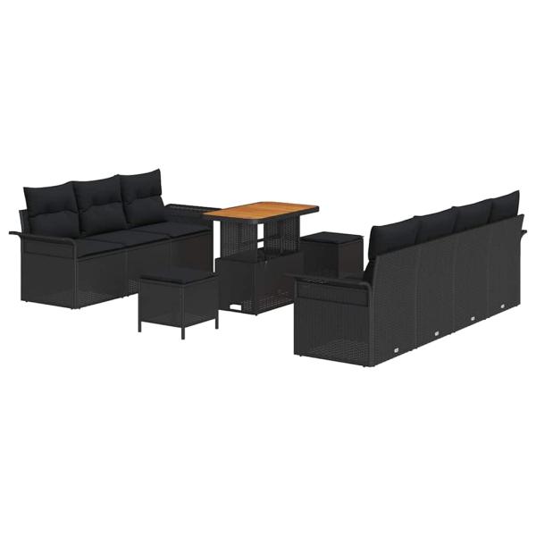 10-teiliges Garten Sofa Set mit Kissen Schwarz Poly Rattan Akazie, 2-Sitzer Garten Sofa mit Stauraum & Kissen Schwarz Poly Rattan, 3-teiliges Garten Esszimmer Set mit Kissen Schwarz Poly Rattan Akazie